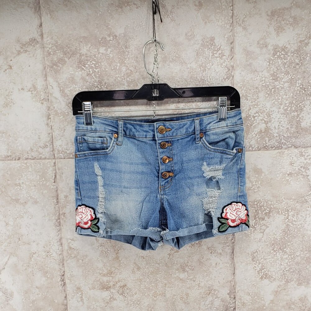 Button Fly No Boundaries Cut Off Embroidered Roses Jean Short Shorts Size 7 Jrs